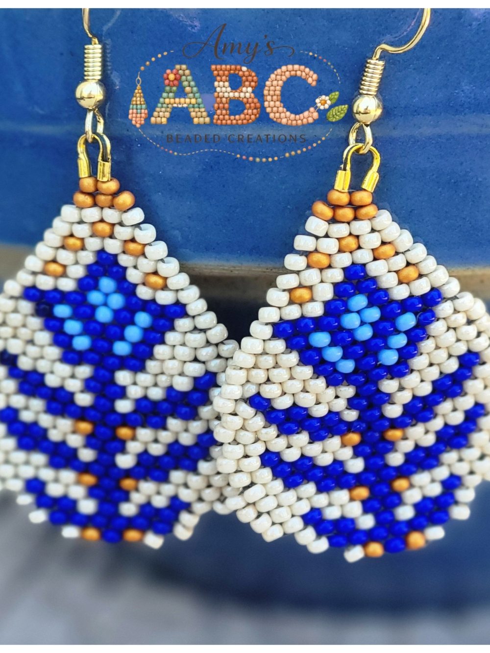 Hand Crafted Blue, White & Gold Beaded Leaf Earrings
